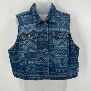 HIGHWAY JEANS Vest Womens 2X Blue Tribal Print Denim Crop Plus Buttons Western